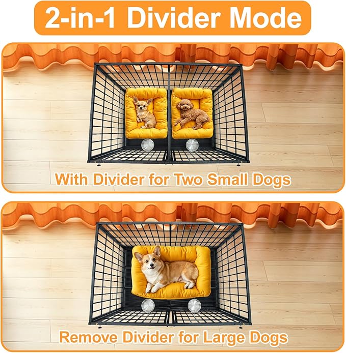 Homey Pet Stackable 43 inch Dog Crate Cage Kennel Indoor with Divider, 2X Steel Bowls, 4X Lockable Wheels, Tray, Heavy Duty Wire Dog Crates for Large/Medium/Small Dogs (Tall Model)