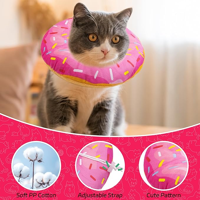 Seyezo Cat Cone Collar Soft, Adjustable Cat Recovery Collars Kitten Cones to Stop Licking, Cute Donut E Collar After Surgery, Elizabethan Recovery Protective Cones After Spay (Donut Pink, Large)