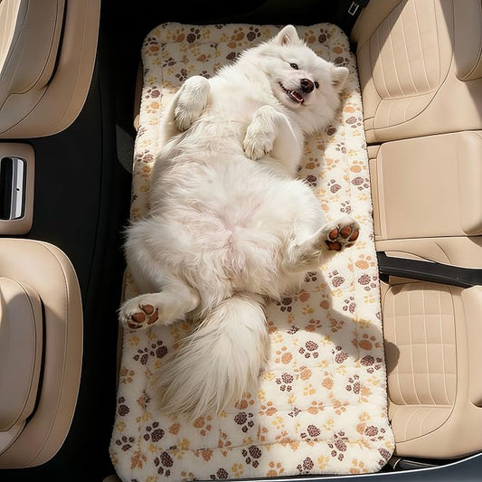 Dog Car Seat Cover for Back Seat, White Paw Print Flannel Pet Bed Mat, Non-Slip Waterproof Bottom, Washable Dog Bed & Seat Protector for Cars SUVs Trucks, Fits Backseat Extenders