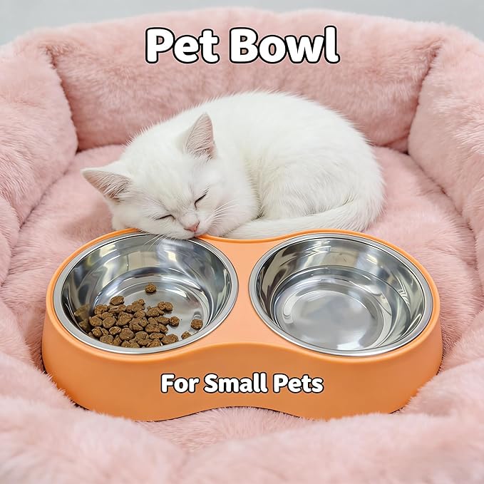 Small Orange Double Pet Bowl – Non-Slip Stainless Steel Food & Water Set for Cats, Kittens & Small Dogs, BPA-Free Mess-Free Feeding Dishes