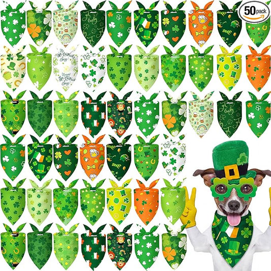 Abbylike 50 Pcs St Patrick's Day Dog Bandanas Bulk Green Shamrocks Bandanas for Dogs Triangle Kerchief Bibs Scarf for Pet Irish Costume Photo Props Pet Shops Groomer, 25 Styles (25.6 x 17.7 x 17.7)