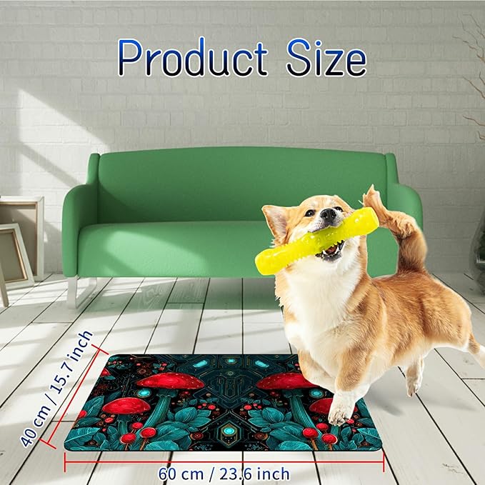 Dog Food Mat, 15.7" x 23.6" Absorbent Pet Feeding Mat for Food and Water, Waterproof Diatom Mud Pet Placemat with Non-Slip Rubber Backing, Cat Bowl Mat for Floors - Red Mushroom Machinery