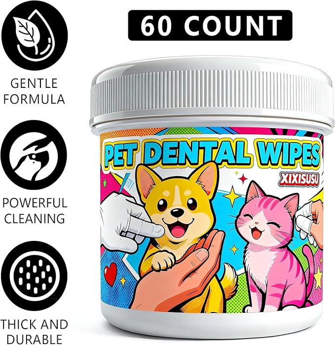 Pet Dental Wipes 60 Count | Dog & Cat Teeth Cleaning Wipes to Support Oral Care | Finger Toothbrush for Freshening Breath & Gently Cleaning Teeth (60 Count) (60 Count)