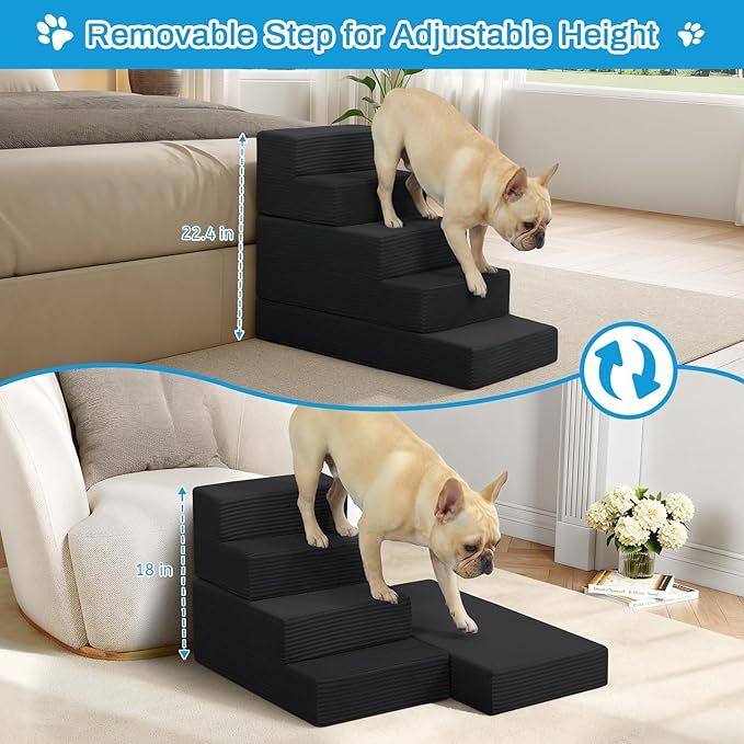 Dog Stairs for Small Dogs, 22" H Dog Steps for High Bed, 5 Steps 3 in 1 Foldable Pet Ramp for Large Cats Climb, Transformable Large Cats Ramp to Get on Couch, Non-Slip Balanced, Black