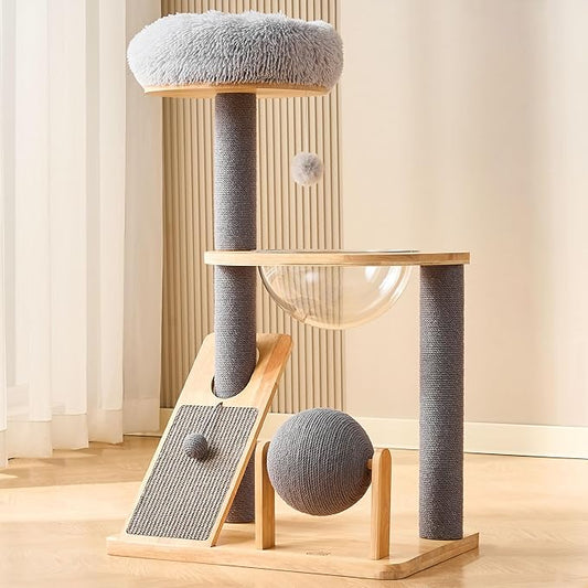 HITTITE Solid Wood Cat Tree Tower with Scratching Post, 37.8 Inches Tall Cat Towers with Scratching Board and Scratcher Ball, Modern Cat Tower With Space Capsule and Removable Top Bed for Indoor Cats.
