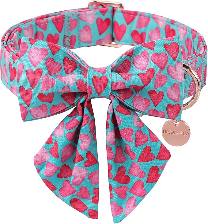 Valentine’s Day Dog Collar with Bow Tie, Pink Heart Bowtie Collar with Metal Buckle, Valentine’s Day Gift Pet Collar for Puppy Girl Boy Dog or Cat, Wedding Dog Collar, XS, Neck 8-12in