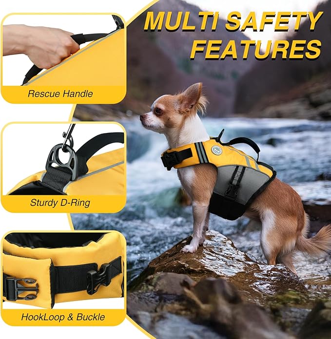VIVAGLORY Sports Style Dog Life Vest, Dog Life Jacket for Swimming & Boating, Ripstop & Buoyancy for Puppy Doggy, Lifejacket with Handle, XS, Yellow
