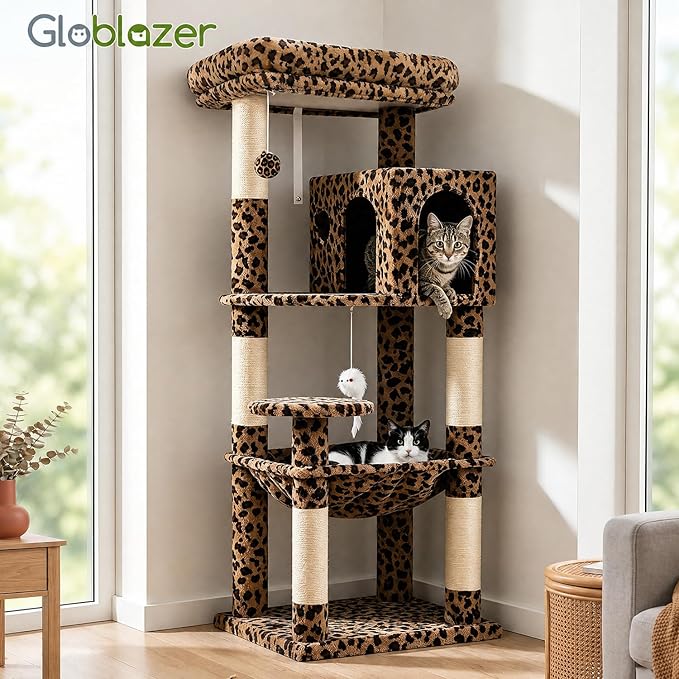 Globlazer Leopard Cat Tree Tower with Scratching Post for Indoor Cats, 53in Plush Multi-Level Cat Climbing Tower Condo House with Large Hammock, Spacious Cat Cave, Padded Top Perch, F53, Leopard Print
