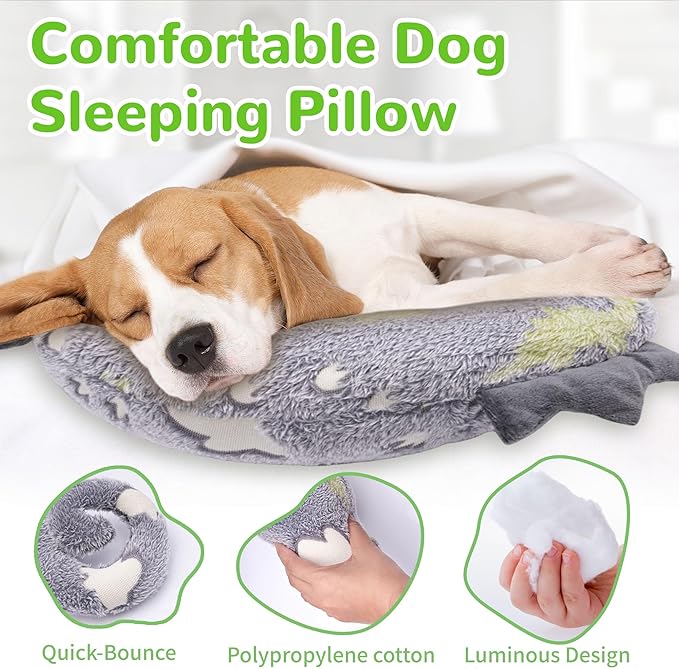 Dog Calming Pillow - Cute Soft Animal Pillow for Dogs, Cats, Kids, Adults, Washable Cozy Relaxing Pet Bed Pillow, Glow in The Dark Dog Neck Pillow (Grey, Large)