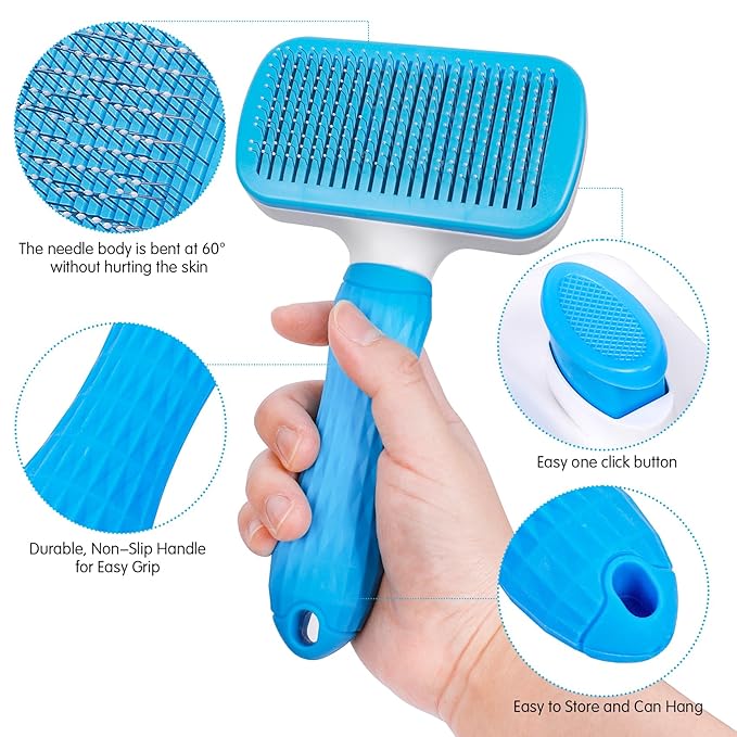 Dog & Cat Brush Kit 2PCS, Self Cleaning Slicker Brush for Pets, Upgraded Dog Brush for Shedding Massaging and Grooming, Removes Loose Undercoat & Portable Comb for Long Short Haired Dogs