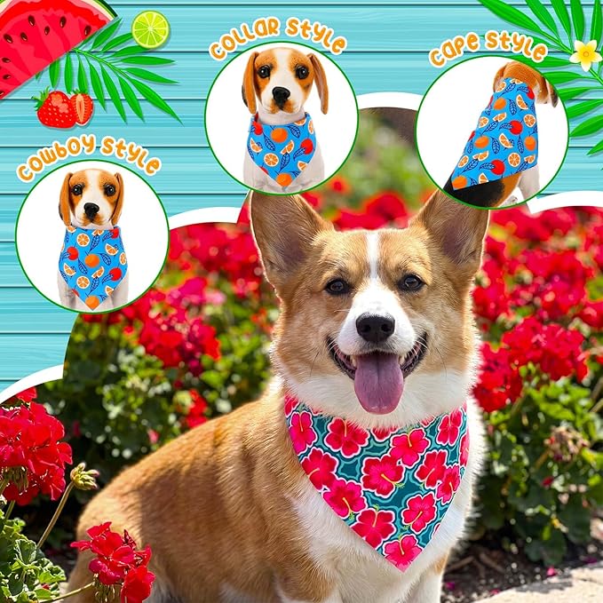 Sanwuta 120 Pcs Summer Bandanas for Dogs Bulk Hawaiian and Fruit Dog Triangle Bandanas Washable Pet Scarves Adjustable Bibs for Small and Medium Pets, 30 Styles