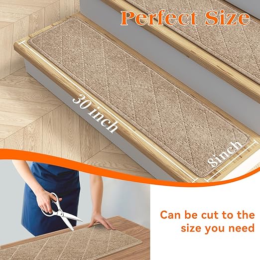 Stair Treads for Wooden Steps 10 PCS - 8’’ x 30’’, Non Slip Stair Runner, Machine Washable Stair Rugs Strips for Kids Pets and Elderly, Indoor Carpet for Stairs (Khaki)