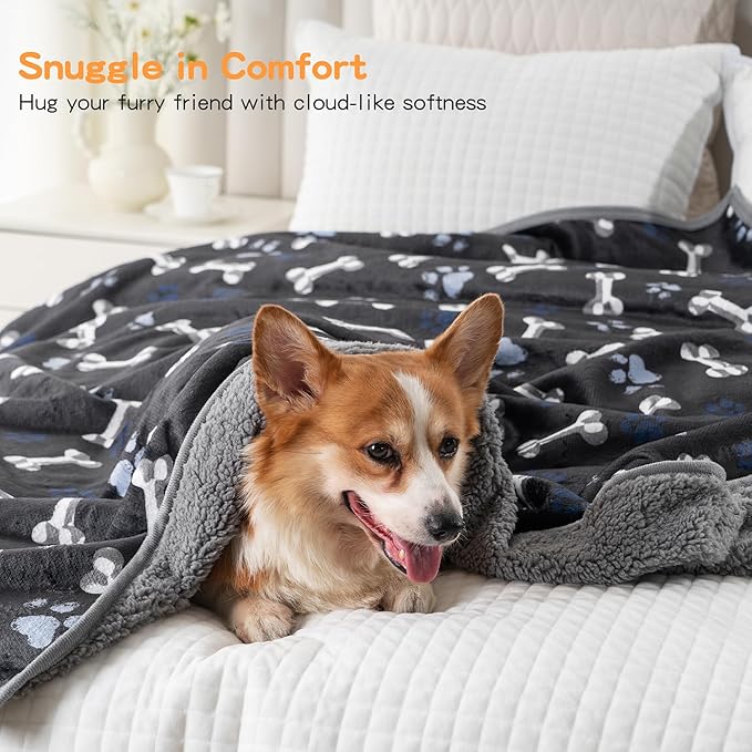 Waterproof Dog Blankets Pet Blanket, 30"x40" Cat Blanket for Indoor Cats, Soft Fluffy Sofa Car Bed Protector, Reversible Sherpa Fleece Puppy Blanket for Small Medium Dogs(Navy Paws)