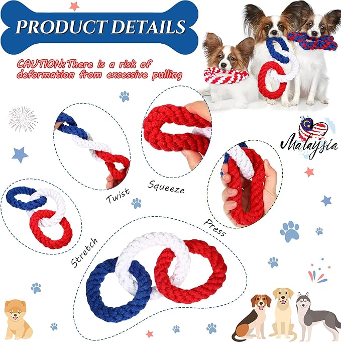 Sotiff 4 Pcs 4th of July Dog Rope Patriotic Pet Chew Toys Bone Star Heart Shape Durable Dog Toys for Small Breed Dogs Puppy Teething Independence Day Supplies, 4 Styles