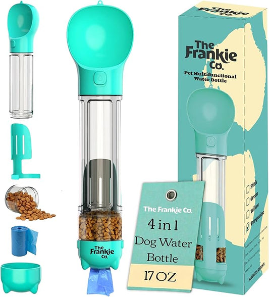 4 in 1 Dog Water Bottle Portable, Leakproof Travel Pet Water Bottle with Bowl, Poop Bag Holder & Shovel, Hydration on the go for Dogs, Dog Travel Accessories for Walking, Hiking, Outdoor, 17oz