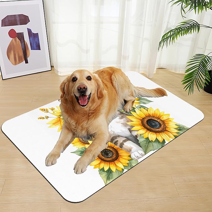 Cute Cat Sunflower Pet Feeding Mat for Floors–Absorbent Quick Dry Dog Cat Bowl Mat for Food and Water, Non Slip Waterproof Base, Mess-Free Feeding Accessories 16"x24"