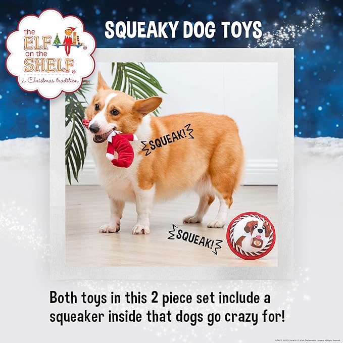 The Elf on the Shelf 2pc Dog Toy Set with Elastic Scout Elf + Elf Pets Saint Bernard Plush Flattie Disk, Squeaky Dog Toys | Bungee Dog Toys for Tug | Stocking Stuffers for Dogs
