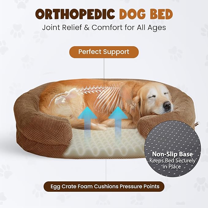Orthopedic Dog Bed for Large Dogs, X-Large, Memory Foam, Removable Washable Cover, Bolstered Sides, 43L x 31W x 7.1H inches, Designed for Senior Dogs, Coffee, Oval