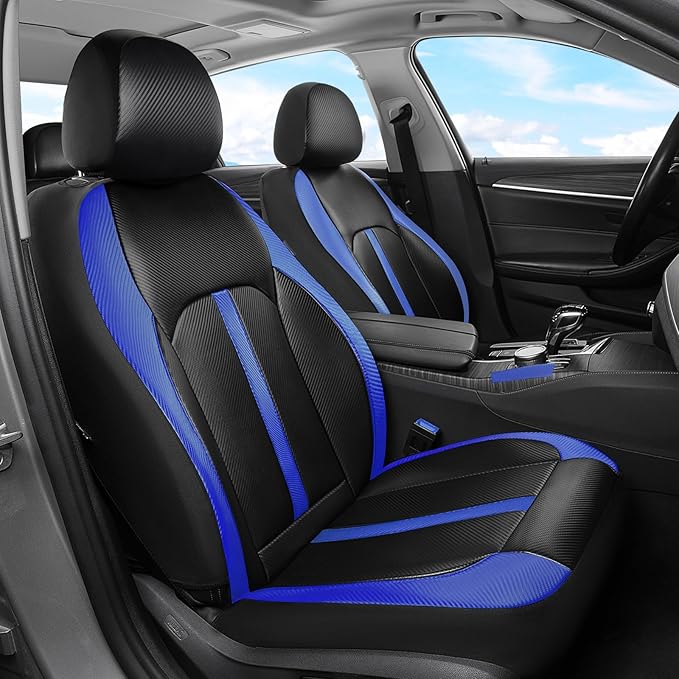 Coverado Leather Car Seat Covers Front Seats & Carbon Fiber, Waterproof and Durable All Weather Protector, Universal Fit for SUV, Pickup Truck, Sedan, Automotive Vehicle Interior, Black&Blue