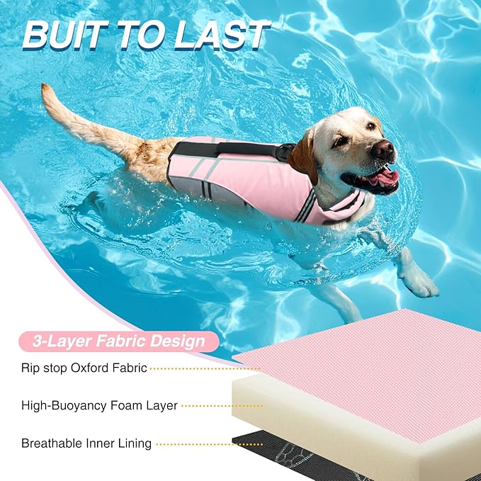 VIVAGLORY Sports Style Dog Life Vest, Dog Life Jacket for Swimming & Boating, Ripstop & Buoyancy for Puppy Doggy, Lifejacket with Handle, M, Sakura Pink