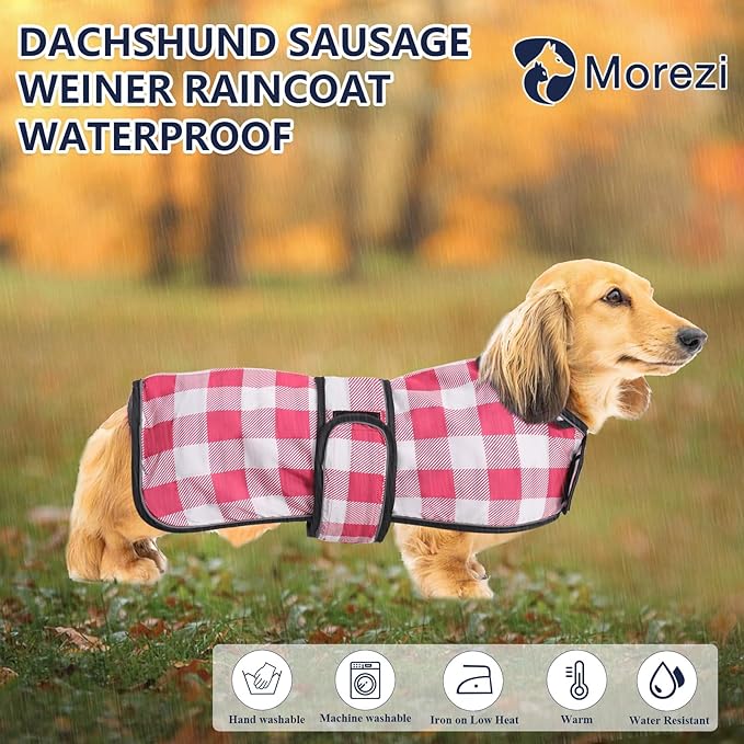 Dachshund Raincoat Corgi Raincoat Dogs Waterproof fit for Dachshunds Weiner Long Back Breeds with Reflective Stripe Great Coverage in Autumn Winter - Pink Plaid - L