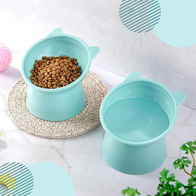 Zhehao 2 Pcs Elevated Cat Bowl Set, Tilted 15° Plastic Raised Food and Water Bowls Anti Vomit Pet Feeding Dishes for Indoor Cats/Small Dogs(Cat Ears,Light Green)