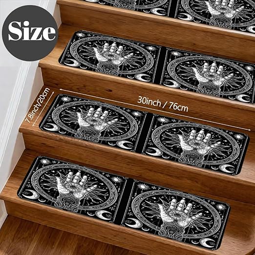 Abstract Sun Moon Stair Treads for Wooden Steps Indoor Washable Staircase Carpet 10PCS 30"x7.8" Stair Step Treads Non-Slip Staircase Covers Peel and Stick Safety Mat for Kids Elders Pets