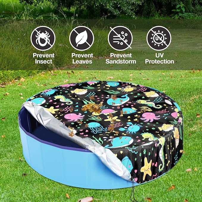 Foldable Round Dog Swimming Pool Cover, for 32 "/63“/48” Collapsible Outdoor Tub, PVC Coating Waterproof and UV Protection, Leakproof Washable Kiddie Pet Small Paddling Bath Accessories