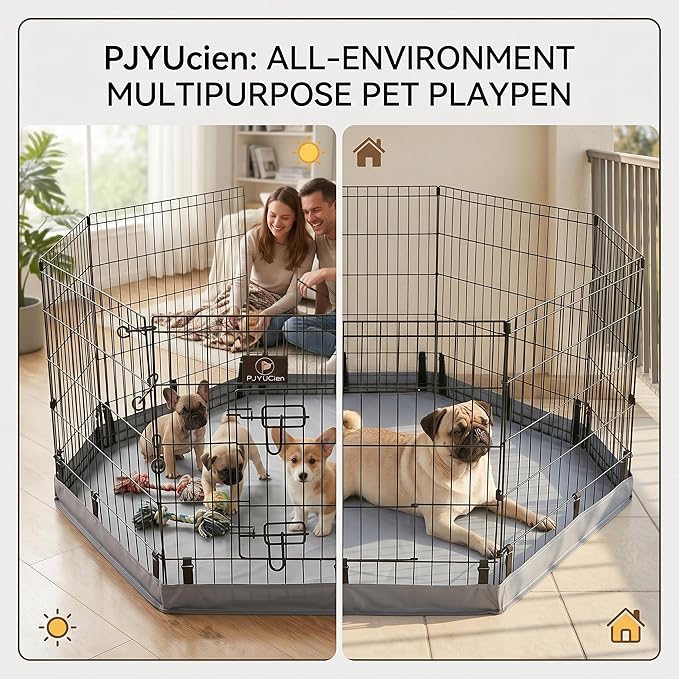 PJYuCien Octagonal Dog Playpen with Bottom Pad - Metal Foldable Exercise Pen, 8 Panels 30" H x 24" W Indoor Outdoor Pet Fence Puppy Crate Kennel, Gray