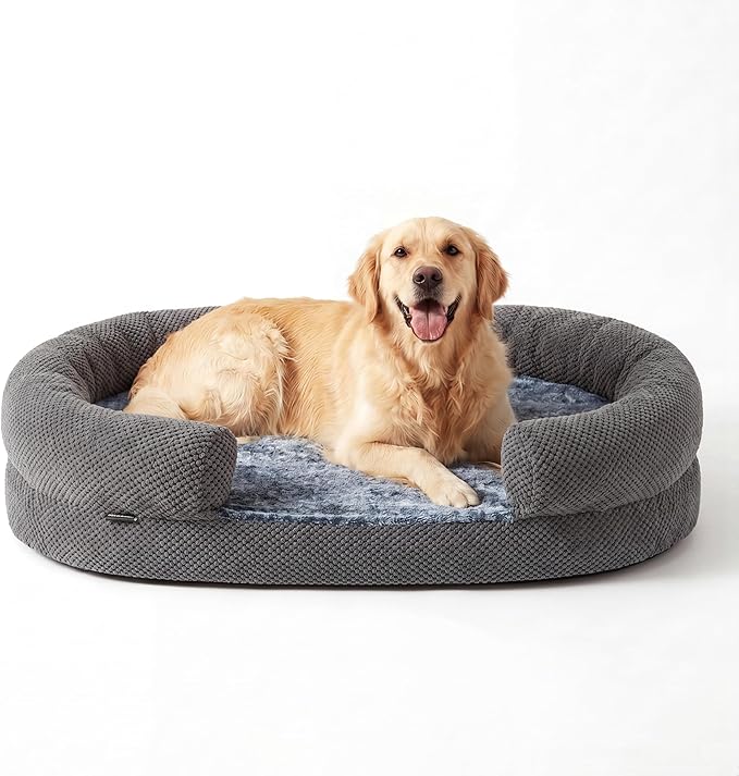 Orthopedic Dog Bed for Large Dogs, XL, 48 Inches, Oval Pet Bed with Memory Foam, Removable Washable Cover, Bolstered Sides, Non-Slip Bottom, Designed for Senior Dogs, Gray