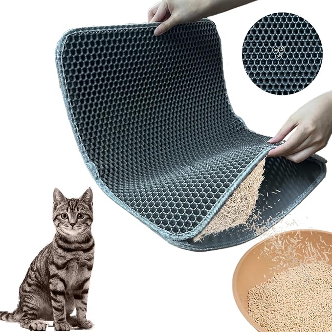 Cat Litter Mat, Honeycomb Double Layer Litter Trapping Mat, 18" x 24" Kitten Litter Box Pad, Waterproof Urine Proof, Washable Easy Clean (Grey)