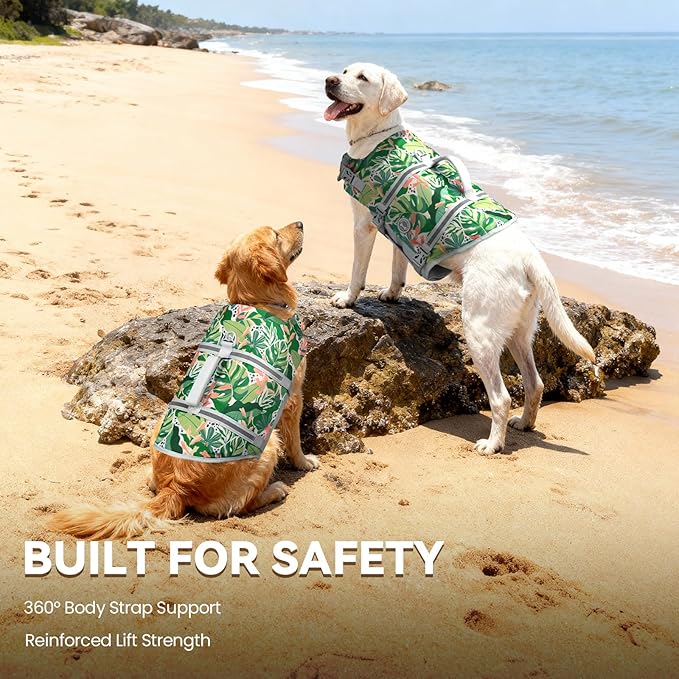 VIVAGLORY Rip Stop Dog Life Vest, Swimming Vest with Handle, Buoyancy for Doggy Puppy, Dog Life Jacket for Swimming & Boating, S, Floral