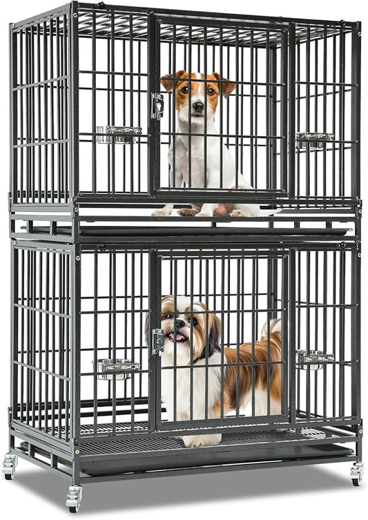 Homey Pet 37 Inch Heavy Duty Dog Crate Indestructible, Collapsible Dog Cage with Lockable Wheels, Removable Tray, High Anxiety Dog Kennel Indoor, Two Tiers Stackable Dog Crates for Medium Dogs