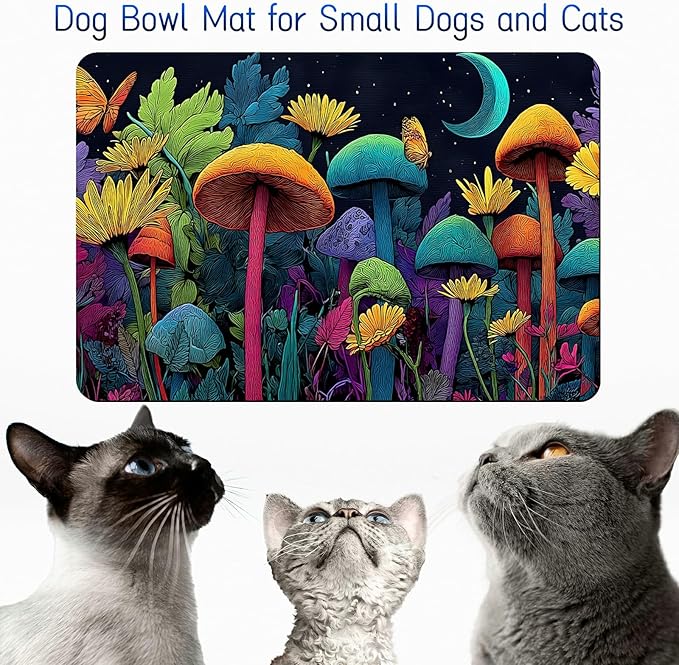 Dog Food Mat, 15.7" x 23.6" Absorbent Pet Feeding Mat for Food and Water, Waterproof Diatom Mud Pet Placemat with Non-Slip Rubber Backing, Easy Clean Cat Bowl Mat for Floors - Mushroom Forest