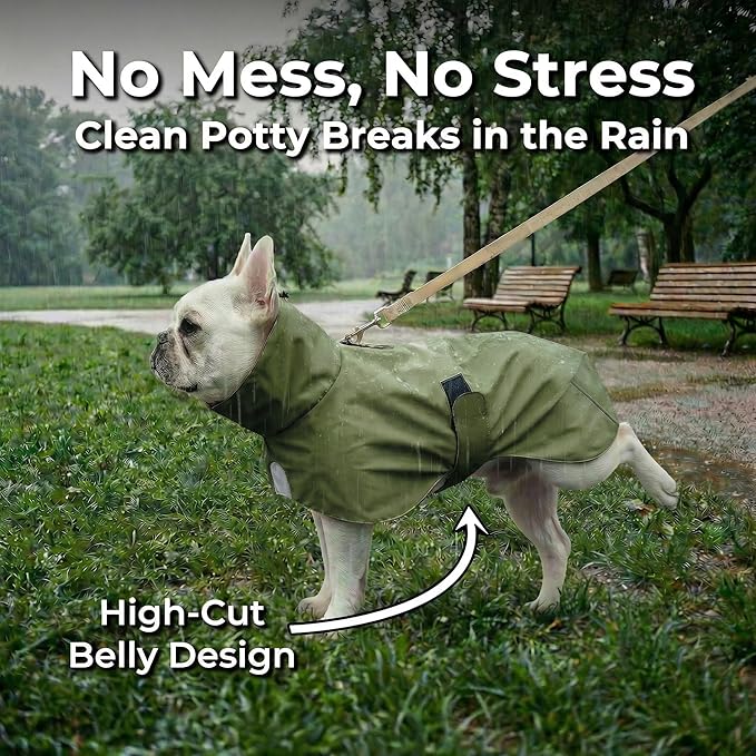 PU Dog Raincoat, Non-Toxic & Odorless Waterproof Vest, Adjustable High Neck and Hook & Loop Belly Closure for Rainy Potty Breaks & Wet Weather Outdoor Walks (Olive Green, XXX-Large)