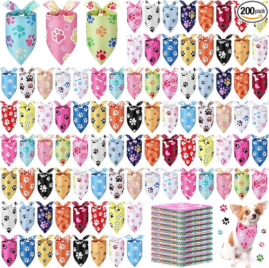 Abbylike 200 Pcs Paw Print Dog Bandanas Bulk Cute Footprint Bandanas for Dogs Triangle Kerchief Bib Scarf for Pets National Dog Day Summer Party Costume Photo Props Accessories Pet Shops, 25 Styles