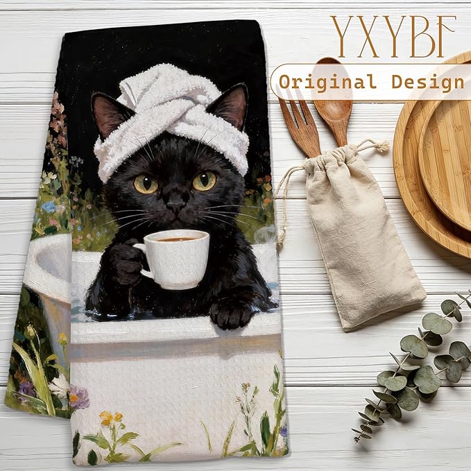 Funny Black Cat Hand Towels for Bathroom Washroom Spa Decor 16x24 Inches, Black Cat Gifts for Women, Floral Coffee Kitty Bathroom Hand Tea Towels Decorative