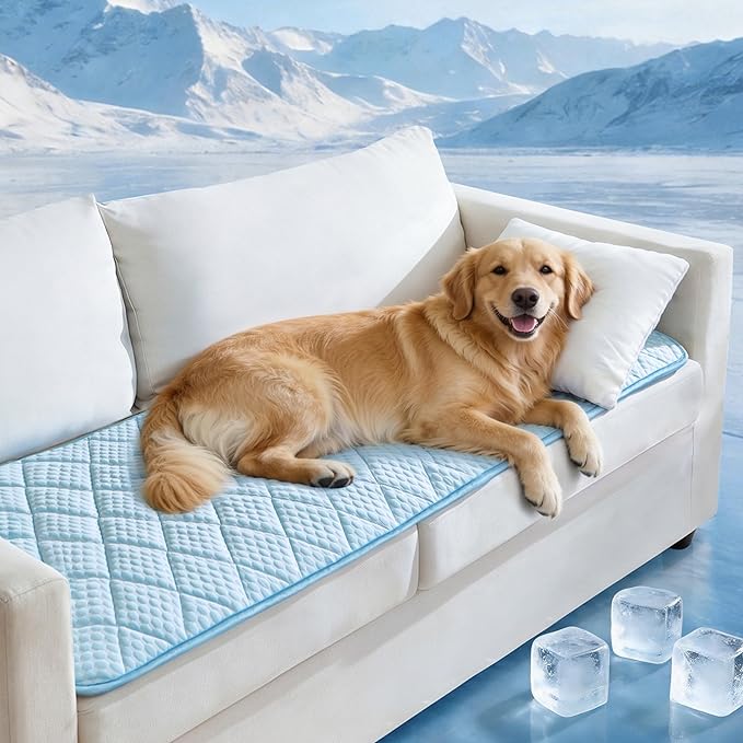 PPOLCA Waterproof Cooling Couch Protector for Dogs - Q-MAX>0.5, Thin Memory Foam Kennel Dog Crate Bed, Portable Non-Slip & Machine Washable Dog Pad for Indoor & Outdoor 28x59, Light Blue