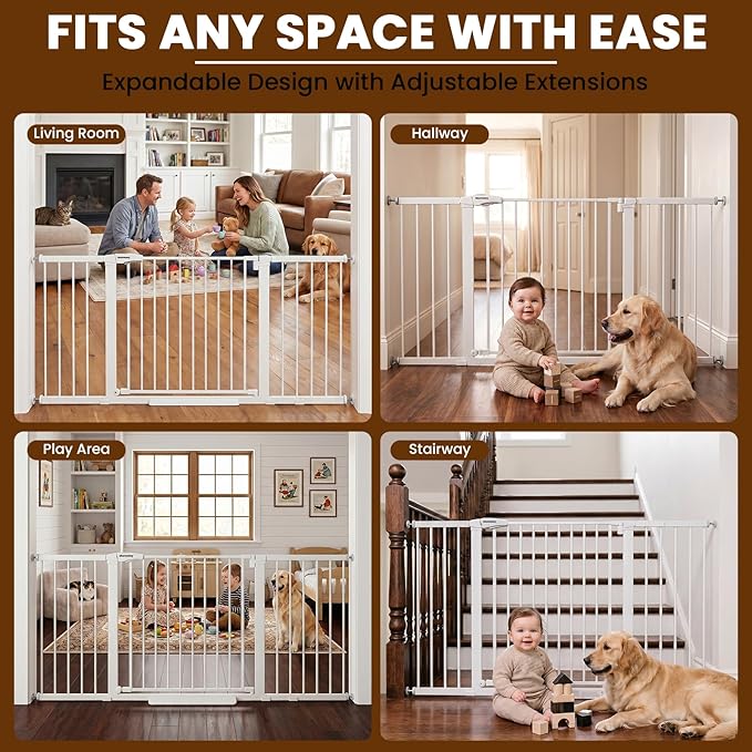 Mumeasy 36-63" Extra Wide Baby Gate for Stairs, 28.74" Walk Through Large Dog Gate for Doorways & Hallways, Auto Close Pet Gate Indoor, Pressure Mounted Child Wide Long Safety Gate for House, White