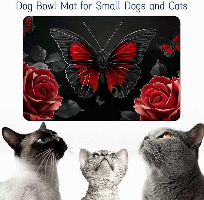 Dog Food Mat, 15.7" x 23.6" Absorbent Pet Feeding Mat for Food and Water, Waterproof Diatom Mud Pet Placemat with Non-Slip Rubber Backing, Cat Bowl Mat for Floors - Red Butterfly Flower