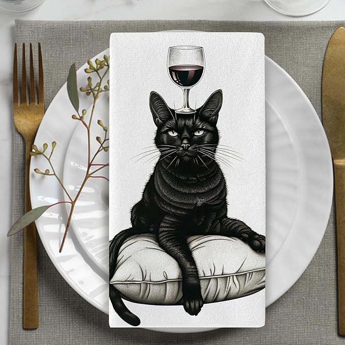 Funny Black Cat Kitchen Dish Towels Set of 2, Red Wine Bar Pub Drying Hand Towel Baking Cooking Cloth, Gifts for Pet Cat Owner Lovers Bathroom Home Decoration 18'' x 26''