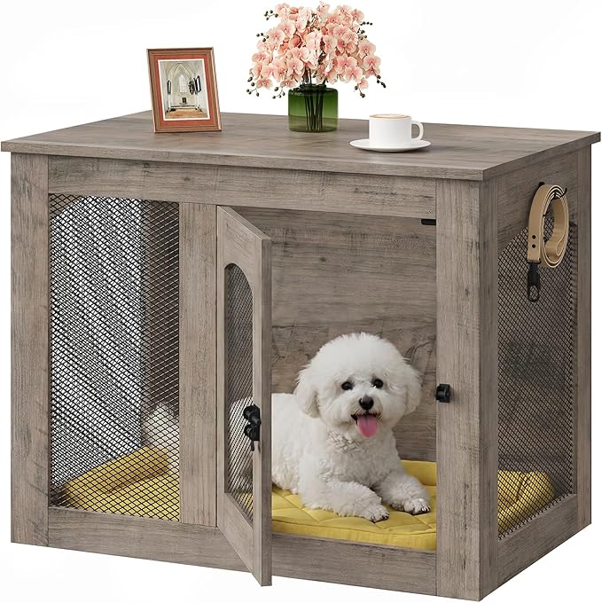 CHOEZON Wooden 30.1" Dog Crate Furniture, Farmhouse Pet Cage End Table with Secure Lock, Ventilated Mesh for Medium Dogs, Dog Kennel Furniture for Living Room, Bedroom, Greige MGW02FH
