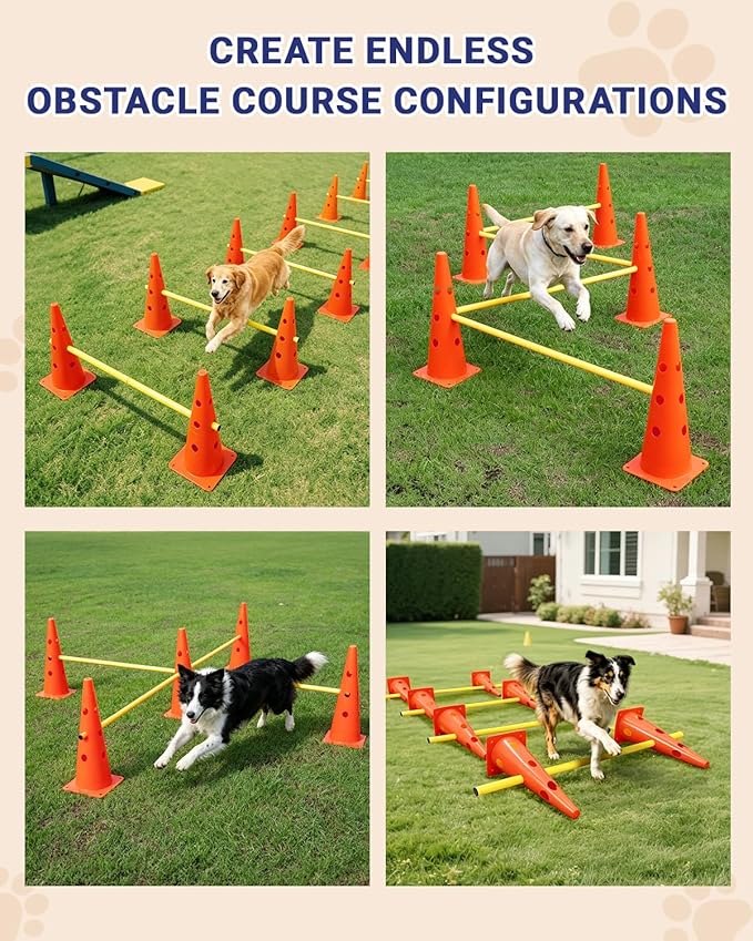 Dog Agility Course Backyard Set, Dog Agility Hurdle Cone Set with Height Adjustable Crossbar for Rehabilitation & Beginners, Dog Agility Equipment for Dog Obstacle Course - 18 Inch Orange