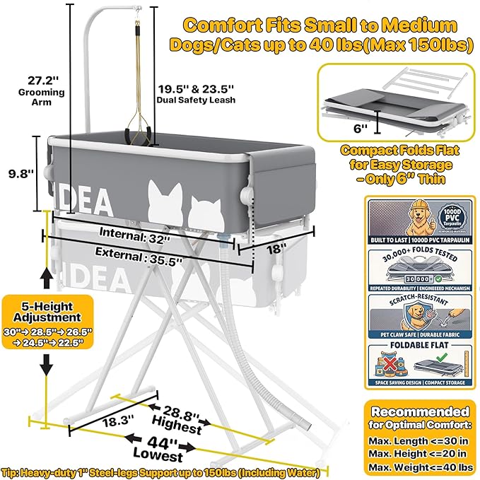 PAWZIDEA 2-in-1 Portable Dog Bathtub & Grooming Table, 33" Foldable Pet Washing Station for Small to Medium Dogs Cats up to 40lbs, 5 Height Adjustable Elevated Bath Tub Indoor Outdoor, Storage Pocket