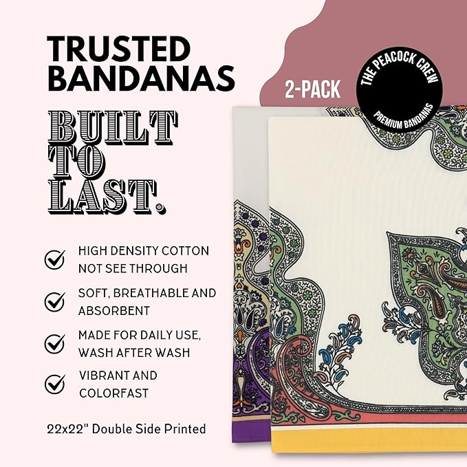 The Peacock Crew Premium Soft Cotton Bandanas Pack for Men and Women Paisley 22 x 22 inches