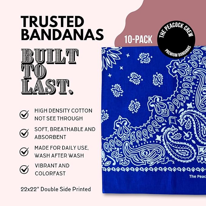 The Peacock Crew Premium Soft Cotton Bandanas Pack for Men and Women Paisley 22 x 22 inches