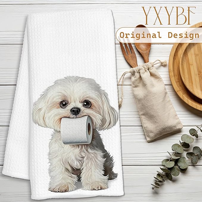 Funny Maltese Hand Towels for Bathroom Washroom Decor 16x24 Inches, Maltese Dog Lover Gifts for Women Men, Funny Toilet Paper Dog Bathroom Towels Decorative