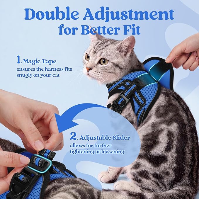 rabbitgoo Cat Harness and Leash, Step-in Escape Proof Kitten Harness Set, Soft Comfortable Cat Vest, Easy to Wear and Adjust, Reflective for Safe Outdoor Walking, Blue, Large