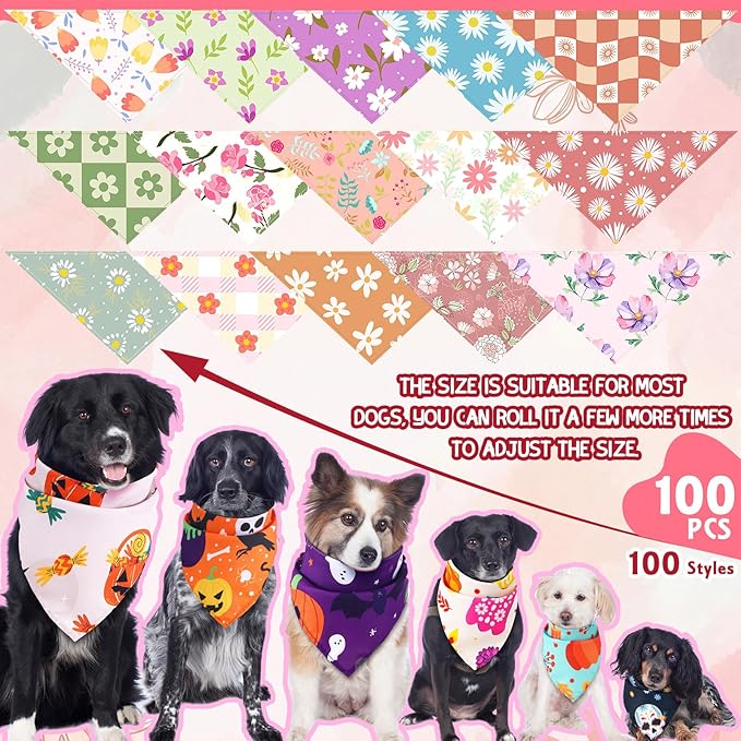 Huhumy 100 Pcs Spring Floral Dog Bandanas Bulk Pet Bibs Colorful Triangle Scarf Floral Pet Bandanas for Medium Large Dogs Spring Summer Birthday Costume Decoration