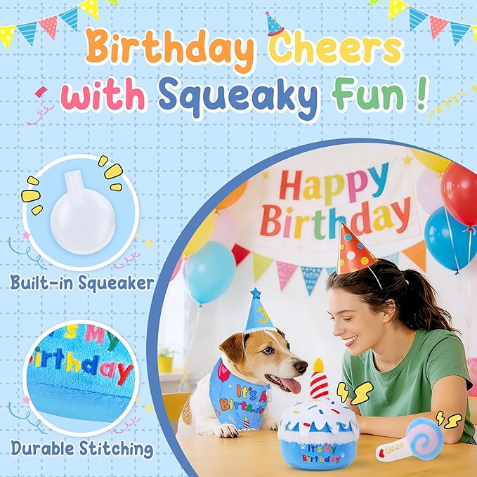 KIPRITII Dog Birthday Party Supplies – Dog Squeak Toys, Birthday Bandana & Hat for Small Dogs, Interactive Puppy Plush Toys to Relieve Boredom